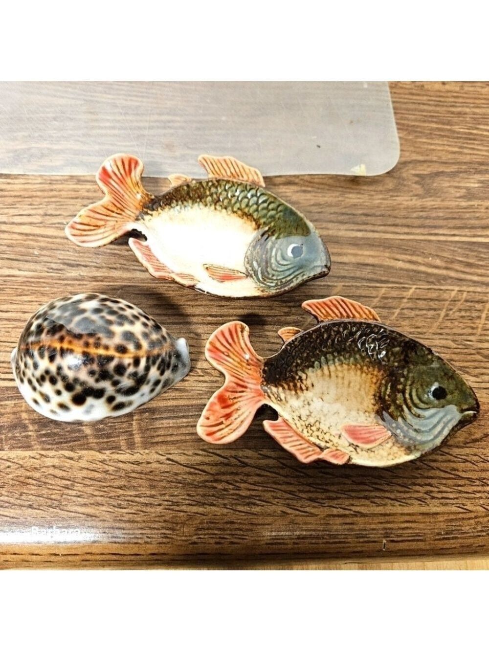 Cypraea Tigress Seashell & Pier One Imports Set of 2 Ceramic Fish Trinket Dishes